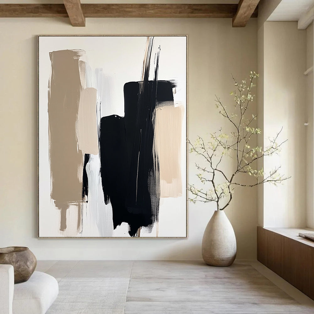 Contemporary abstract painting with minimalist composition showcasing black and beige brushstrokes on a white background featuring a blurred figure in soft lighting. DLZ0713