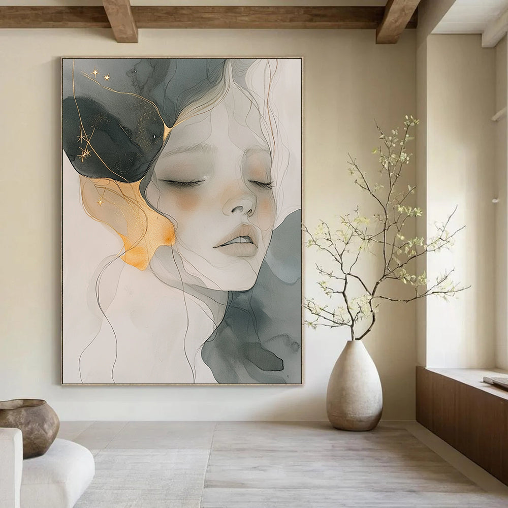 Contemporary abstract artwork features soft watercolor and ink wash with gold accents gentle color palette and ethereal ambience capturing serenity and fluidity. DLZ0786