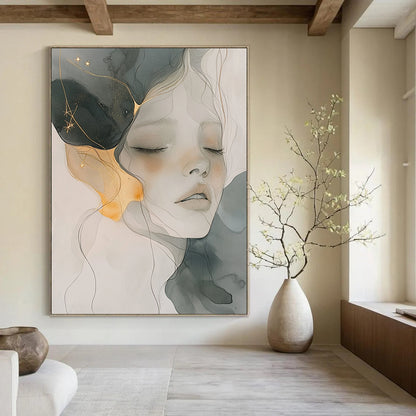 Contemporary abstract artwork features soft watercolor and ink wash with gold accents gentle color palette and ethereal ambience capturing serenity and fluidity. DLZ0786
