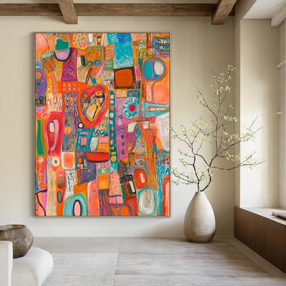Vibrant contemporary hand-painted abstract art featuring diverse objects with intricate materials and details, offering a dynamic visual experience and rich textures. DLZ1492