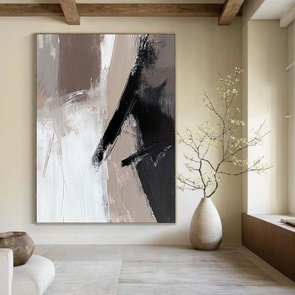 Large contemporary abstract painting featuring beige and white tones with black brush strokes on oil wood panel ideal for modern decor. DLZ0698