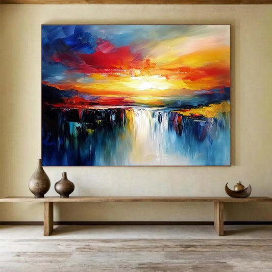 Vibrant Sunset Waterfall in Bold Colors - Expressive Abstract Landscape Painting On Canvas HB0437