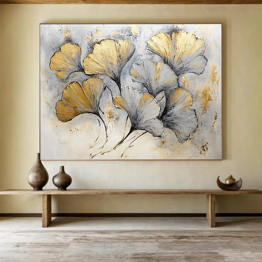 “Gilded Ginkgo Leaves” - Gold, Silver, Gray - Textured Botanical Gilded - Acrylic Painting HB1327