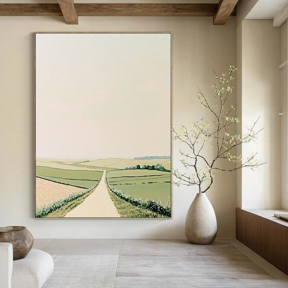 Contemporary hand-painted abstract art featuring rolling green fields and minimalistic Scandinavian style in muted pastels on a beige background. DLZ1503