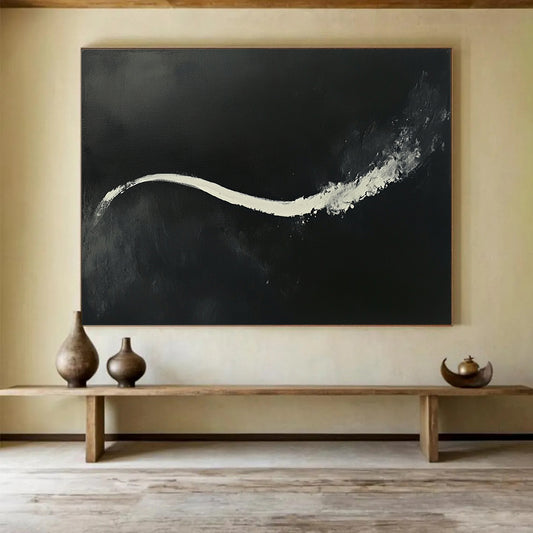 “White Stream on Black” - Bold white, deep black, Abstract Expressionist Painting On Canvas HB0608