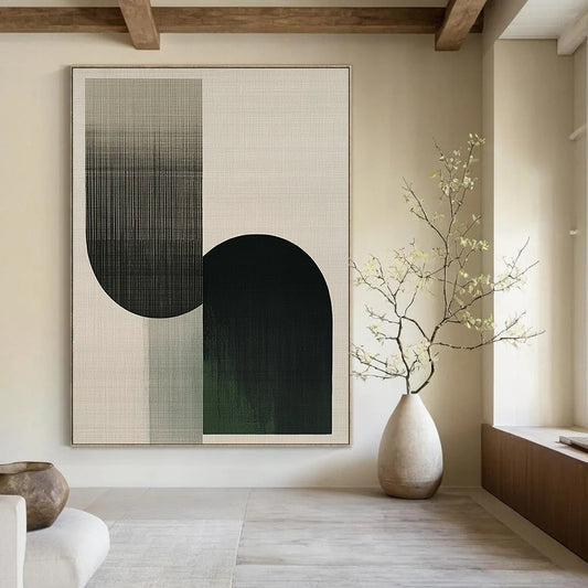 Contemporary abstract artwork featuring overlapping shapes in the form of an F, with neutral tones and green accents, showcasing visible brush strokes. DLZ1622
