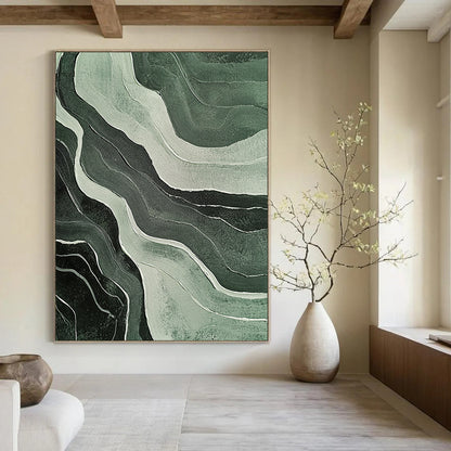 Contemporary hand-painted abstract artwork featuring ethereal green and white wavy lines on a black background with textured effects and muted colors. DLZ1686