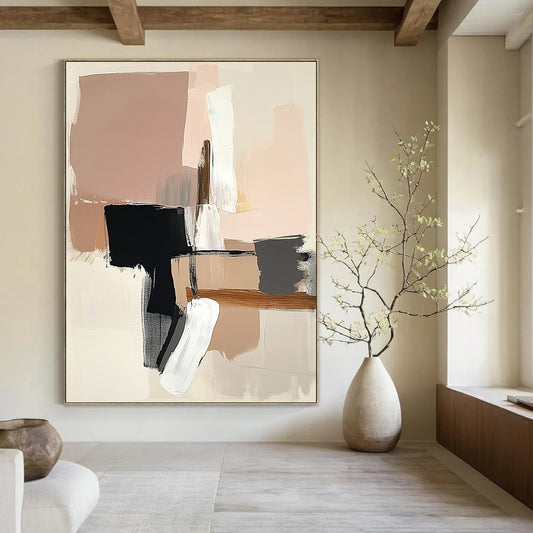 Contemporary abstract art featuring neutral tones soft pink and beige with white brush strokes and bold black lines on a beige background. DLZ1048