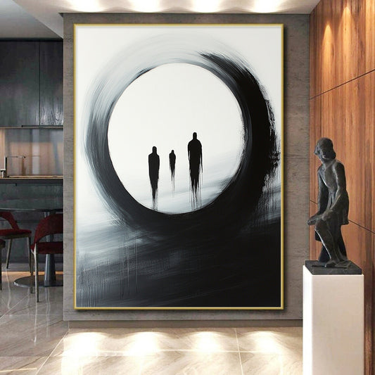 Black, White, Gray, Silhouetted Figures "Gilded Void" Abstract Surrealist Painting On Canvas HB145