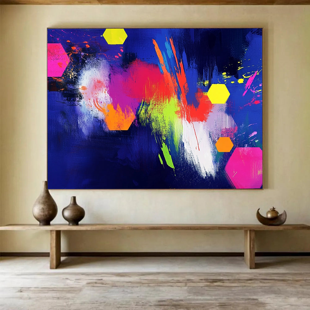 “Neon Colorful Hexagons on Blue” - Neon Palette, Hexagon Shapes on Blue Painting On Canvas HB0864