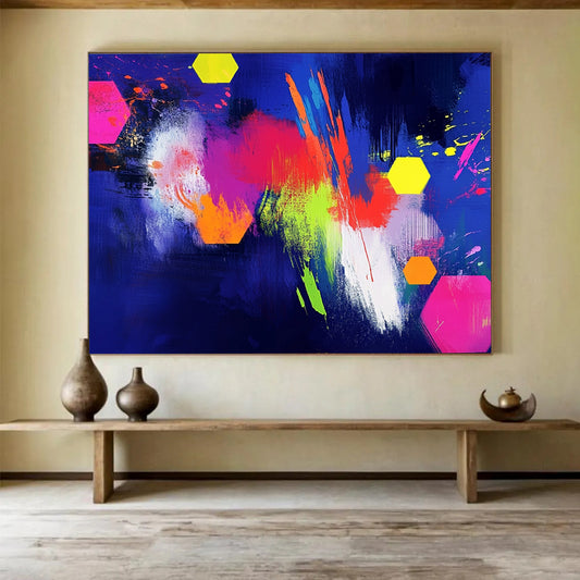 “Neon Colorful Hexagons on Blue” - Neon Palette, Hexagon Shapes on Blue Painting On Canvas HB0864