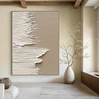 Contemporary abstract artwork featuring textured white paint on wood with a beige backdrop inspired by ocean waves in a unique splash art style. DLZ1232