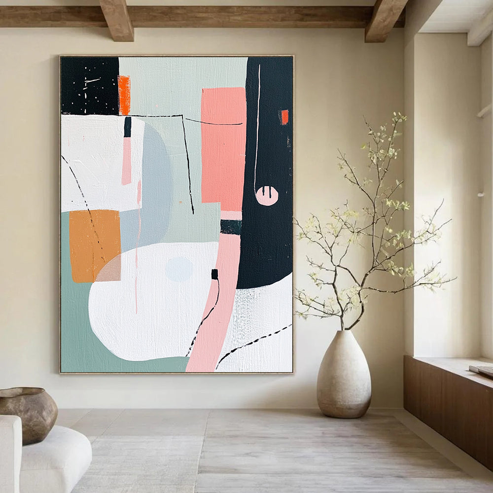 Contemporary hand-painted abstract art featuring shapes and lines in pink white grey green orange and black with a figure wearing headphones. DLZ0995
