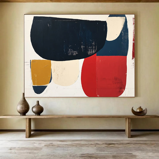 “Colorful Geometric Shapes” - Navy, red, beige, mustard, Modern Abstract Painting On Canvas HB0615