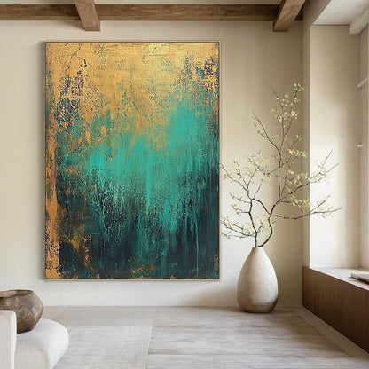 Contemporary hand-painted abstract artwork featuring textured teal and gold tones creates an atmospheric dreamlike effect with depth and elegance. DLZ1066