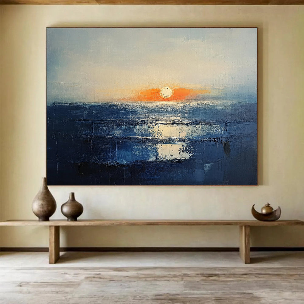 “Sunset Over the Sea” - Blue, Orange, White, Abstract Seascape Painting On Canvas HB1010