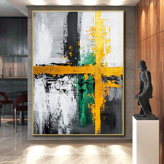 Gray, Black, Gold, Green and White Abstract Cross "Vibrant Crossroads" Painting On Canvas HB350
