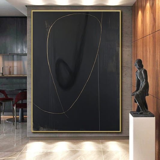Black, Gold, Minimalist Curves "Midnight Gold Swirl" Abstract Minimalist Painting On Canvas HB112
