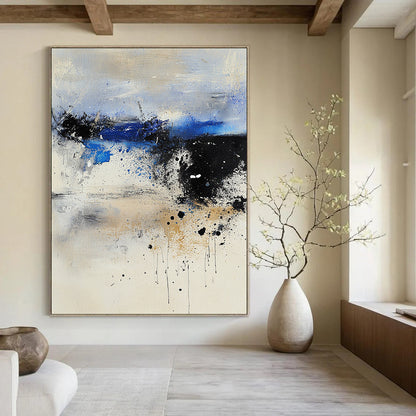 Contemporary large abstract painting featuring pale colors with dark blue and gray tones ethereal landscape textured canvas dreamlike atmosphere harmonious composition. DLZ0942