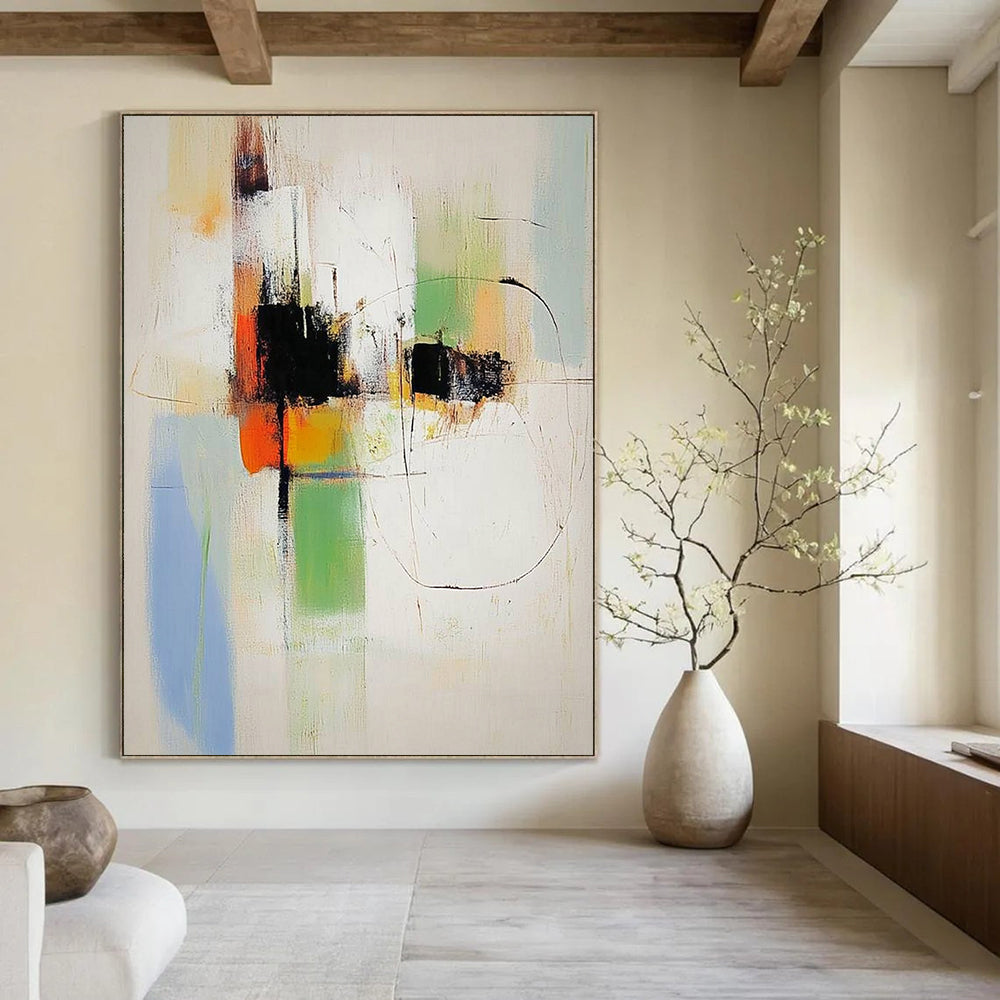 Contemporary abstract painting featuring bold colors and dynamic shapes designed to enhance modern spaces with artistic elegance. DLZ1777