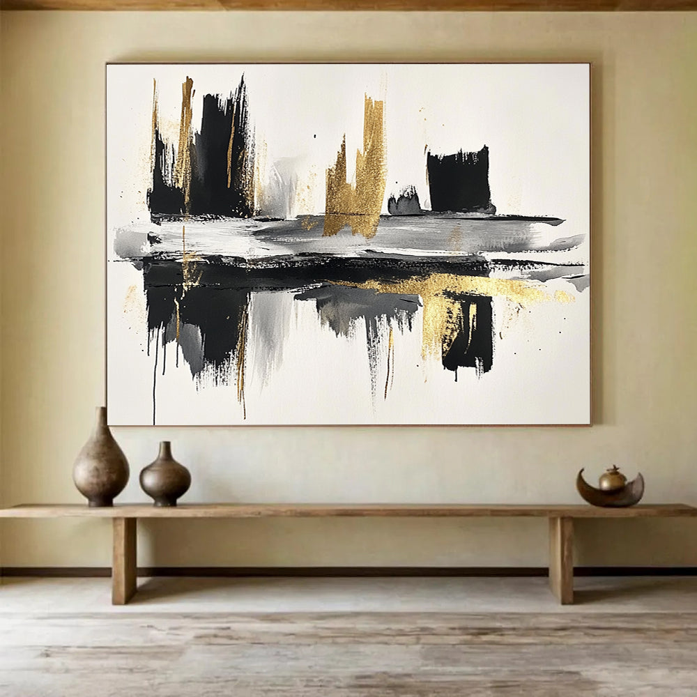 “Black - Gold Brushstroke Reflection” - Black, Gold, Reflective Abstract Cityscape Painting On Canvas HB0792