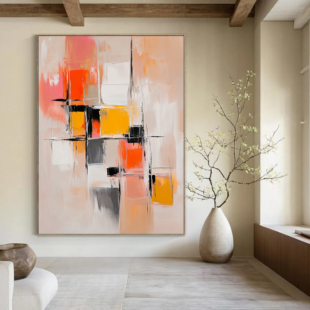 Contemporary hand-painted abstract artwork features harmonious beige and orange hues with dynamic brushstrokes and layered geometric shapes for emotional depth. DLZ0939