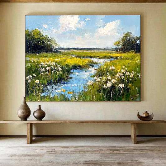 Green Meadow with Stream and White Flowers - Impressionistic Landscape Painting On Canvas HB0446