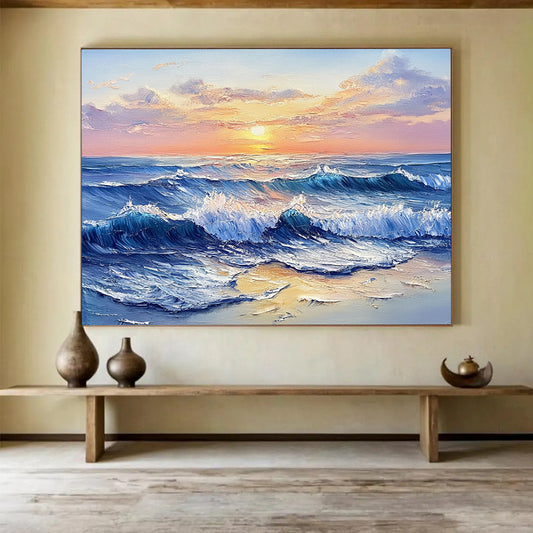 “Sunset Sea Waves” - Blues, Oranges, Yellows, Ocean Waves at Sunset - Impasto Oil Painting HB1706