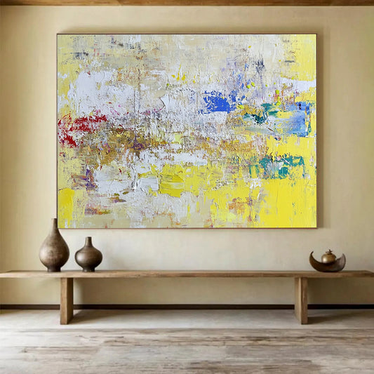 “Yellow - Based Abstract Textures” - Yellow, White, Colorful Splashes - Painting On Canvas HB1407