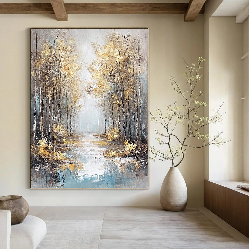 Contemporary hand-painted abstract artwork featuring an autumn forest in gold and orange shades with a reflective water foreground and misty atmosphere. DLZ1472
