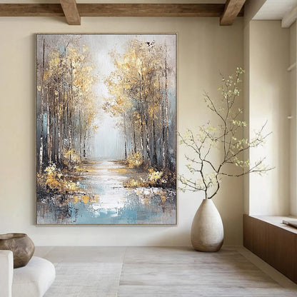 Contemporary hand-painted abstract artwork featuring an autumn forest in gold and orange shades with a reflective water foreground and misty atmosphere. DLZ1472