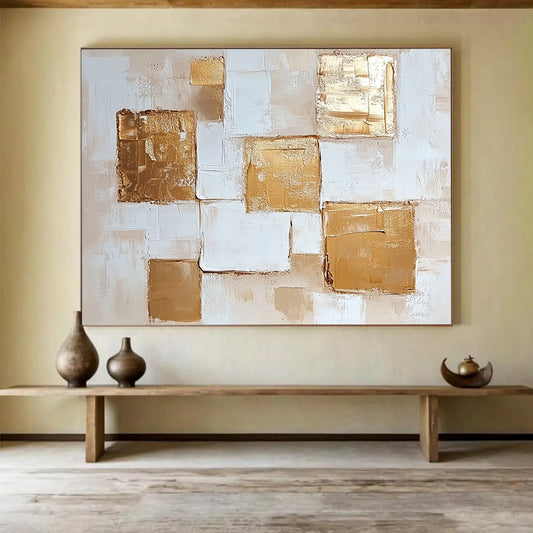 “Golden Squares” - Beige, White, Gold with Geometric Squares - Abstract Acrylic Painting HB1338