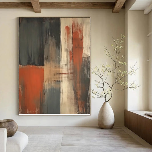 Contemporary hand-painted abstract art featuring a striking orange grey and beige vertical brushstroke on a dark gray background. DLZ1018