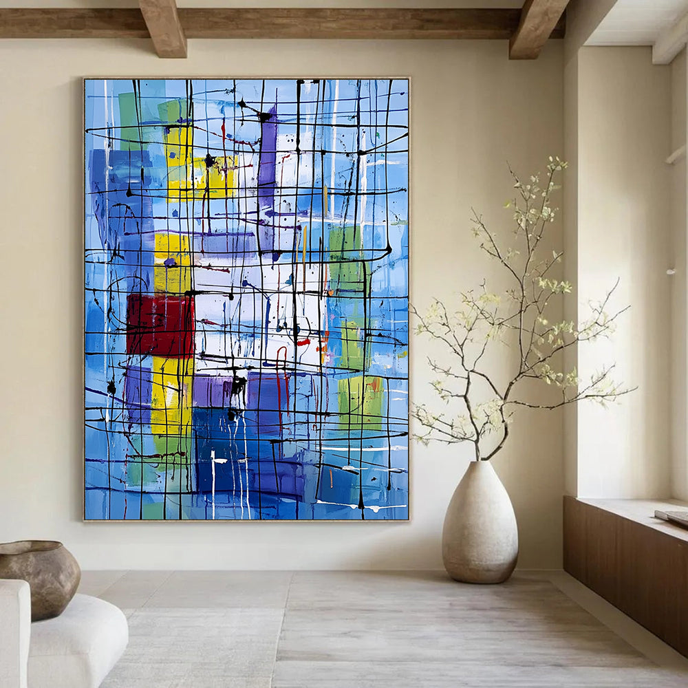Vibrant contemporary abstract art featuring dynamic lines and shapes with a New York City office backdrop highlighting the complexity of life and emotion. DLZ1236