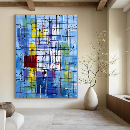 Vibrant contemporary abstract art featuring dynamic lines and shapes with a New York City office backdrop highlighting the complexity of life and emotion. DLZ1236