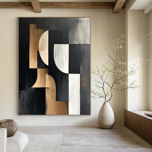 Large contemporary abstract painting featuring bold black white and beige shapes on a dark gray background with a textured canvas finish. DLZ1373