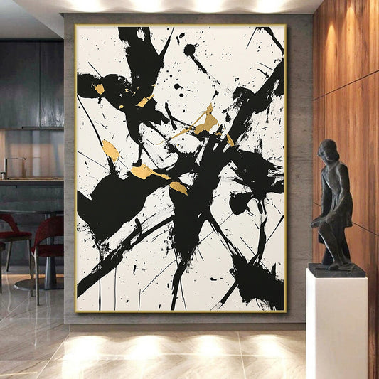 White, Black, Gold, Splattered Shapes "Golden Chaos" Abstract Expressionist Painting On Canvas HB077