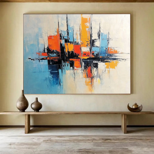 “Minimalist City Abstraction” - Blue, Orange, White, Abstract City Forms Painting On Canvas HB0987