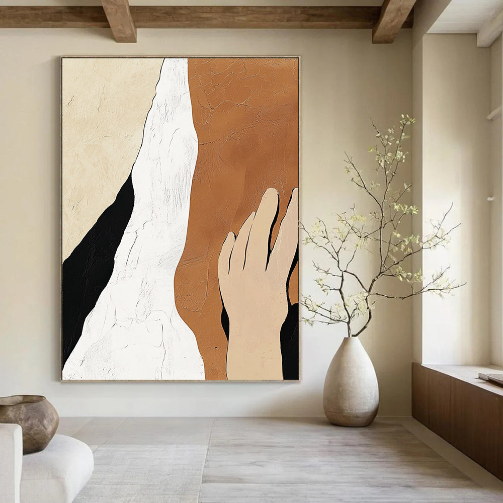 Large contemporary hand-painted abstract artwork featuring minimalistic design in beige, white, and black with textured skin tones and a peaceful aesthetic. DLZ0910