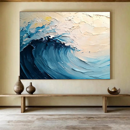 Impasto Blue Wave on Light Background - Coastal Impressionist Painting On Canvas HB0505