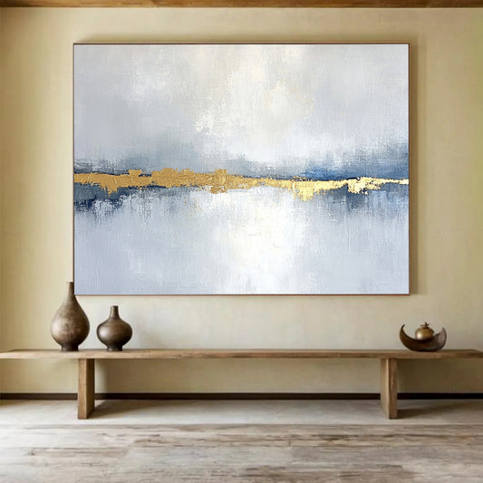 “Blue - Gray Goldline” - Blue, Gray, Gold, Abstract Minimalist Landscape Painting On Canvas HB1088