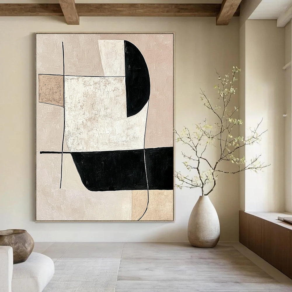 Contemporary abstract artwork featuring minimalist black and white shapes on a neutral beige background, emphasizing simple lines and modern elegance. DLZ1603