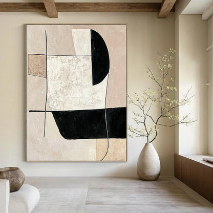 Contemporary abstract artwork featuring minimalist black and white shapes on a neutral beige background, emphasizing simple lines and modern elegance. DLZ1603