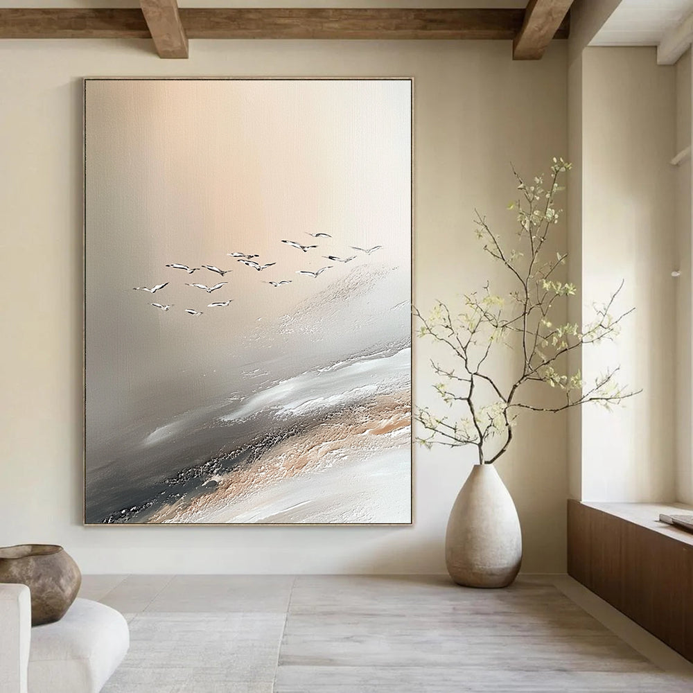 Contemporary abstract painting showcasing Jupiter's serene beauty with soft sand dune-inspired colors and seagulls enhancing the tranquil atmosphere. DLZ1137