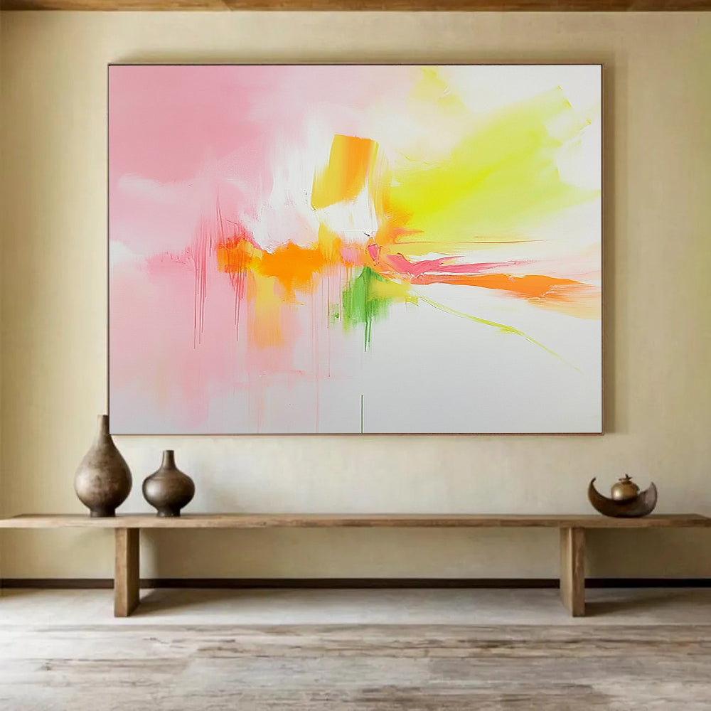 “Vibrant Pastel Abstract Burst” - Pink, yellow, orange, green; Soft pastel abstract with drips; Acrylic Painting On Canvas HB1218