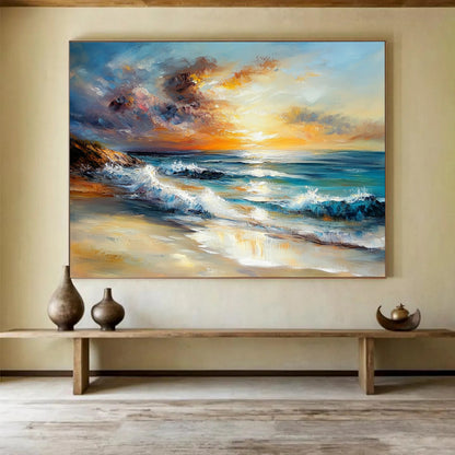 Sunset Beach with Crashing Waves - Expressive Impasto Seaside Painting On Canvas HB0441