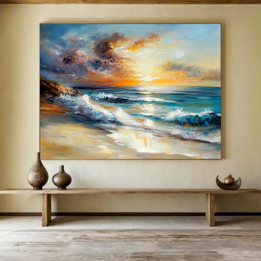 Sunset Beach with Crashing Waves - Expressive Impasto Seaside Painting On Canvas HB0441