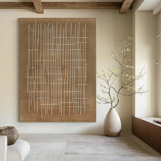 Contemporary abstract artwork featuring geometric patterns with white lines on a brown background inspired by Japanese calligraphy and Paul Klee's style. DLZ1159