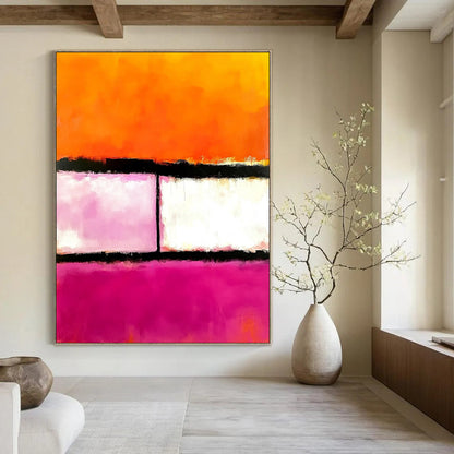 Contemporary hand-painted abstract art featuring pink orange and white hues with two striking black lines in the center. DLZ1441