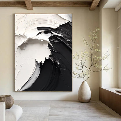 Contemporary hand-painted abstract art features dynamic flowing lines, high contrast black and white on a white background, evoking a mysterious atmosphere. DLZ1732